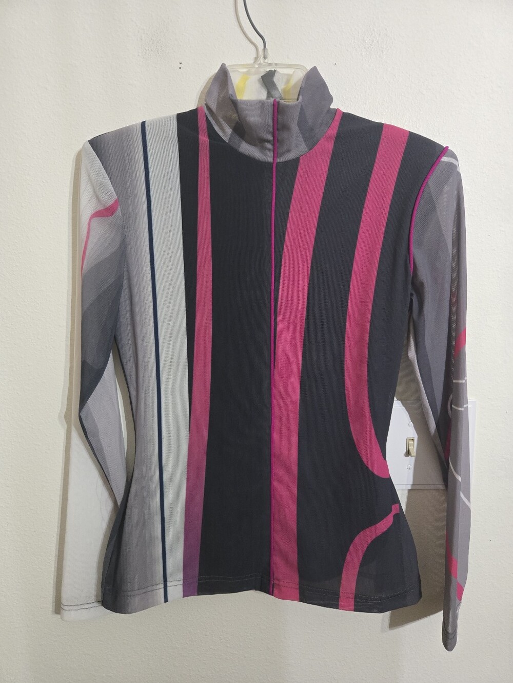 Women's Mock-Neck Long Sleeve Top in Black and Pink Stripe